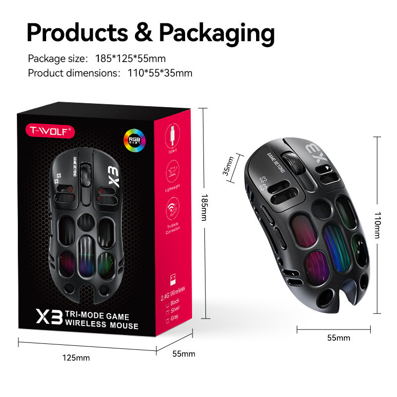 T-wolf X3 gaming wireless mouse features tri-mode Bluetooth, perforated design, RGB lighting, and is a mechanical gaming mouse with macro functionality.