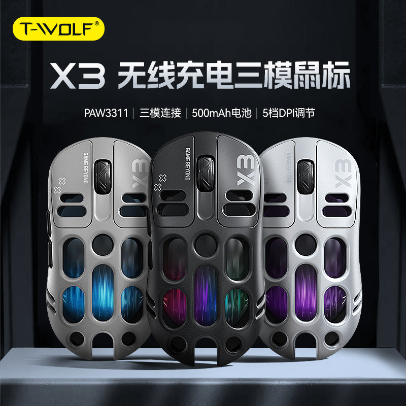 T-wolf X3 gaming wireless mouse features tri-mode Bluetooth, perforated design, RGB lighting, and is a mechanical gaming mouse with macro functionality.