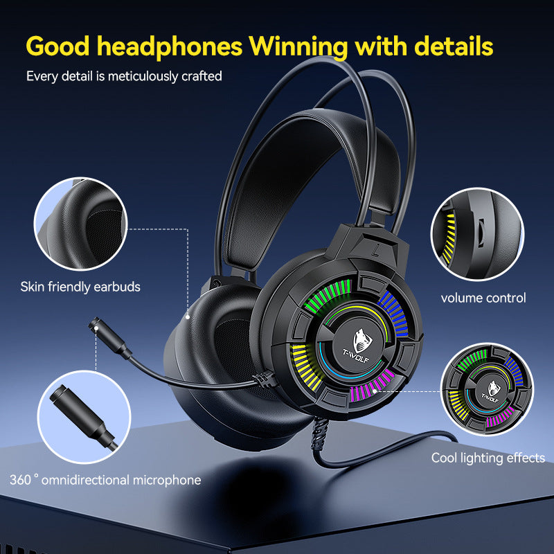 T-WOLF H140 Wired Computer Headset with Illuminated Microphone and 7.1 USB Gaming/Esports Headset