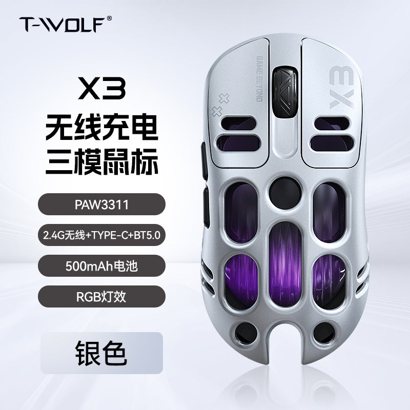 T-wolf X3 gaming wireless mouse features tri-mode Bluetooth, perforated design, RGB lighting, and is a mechanical gaming mouse with macro functionality.