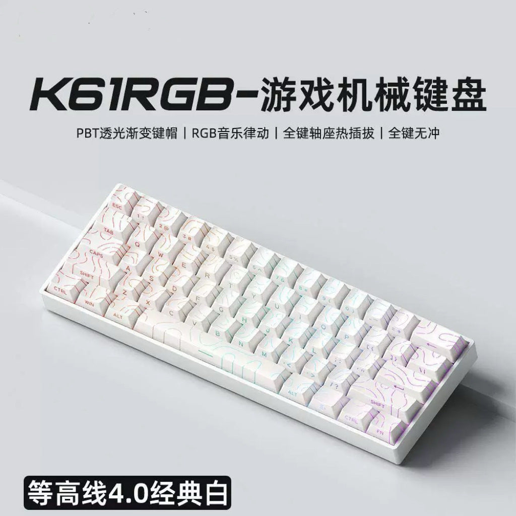 61-key gaming mechanical keyboard, PBT side-printed, hot-swappable, RGB, wired, brown switches, portable, suitable for office PCs.