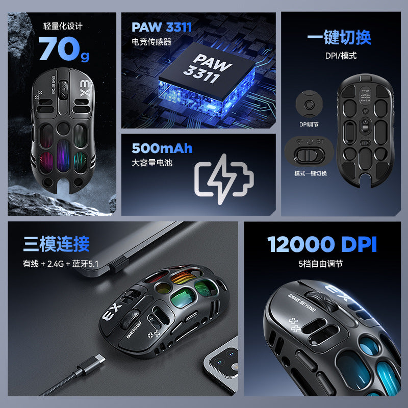 T-wolf X3 gaming wireless mouse features tri-mode Bluetooth, perforated design, RGB lighting, and is a mechanical gaming mouse with macro functionality.