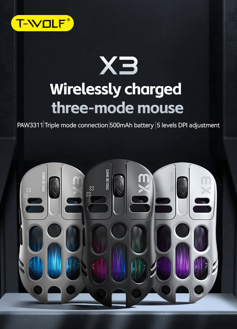 T-wolf X3 gaming wireless mouse features tri-mode Bluetooth, perforated design, RGB lighting, and is a mechanical gaming mouse with macro functionality.