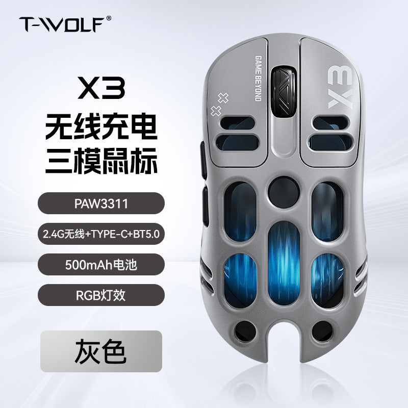 T-wolf X3 gaming wireless mouse features tri-mode Bluetooth, perforated design, RGB lighting, and is a mechanical gaming mouse with macro functionality.